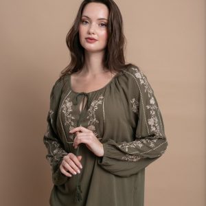 Μοντέρνα Μπλούζα με Κορδονάκι Σούρες χακί