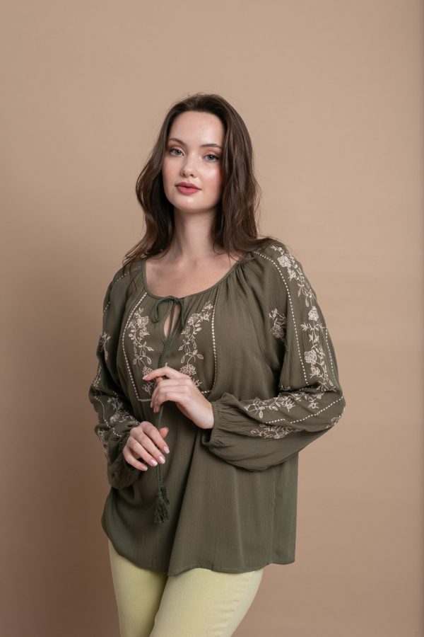 Μοντέρνα Μπλούζα με Κορδονάκι Σούρες χακί - Image 1