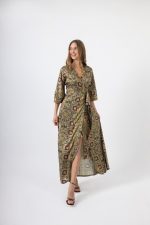 Maxi Κρουαζέ Φόρεμα Λαδί με Γεωμετρικό Print & Άνοιγμα στο Πλάι