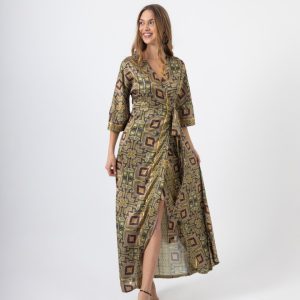 Maxi Κρουαζέ Φόρεμα Λαδί με Γεωμετρικό Print & Άνοιγμα στο Πλάι