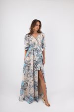 Γυναικείο Κρουαζέ Maxi Φόρεμα Εκρού με Γαλάζιο και φλοράλ σχέδια