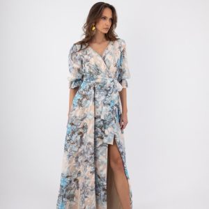 Γυναικείο Κρουαζέ Maxi Φόρεμα Εκρού με Γαλάζιο και φλοράλ σχέδια