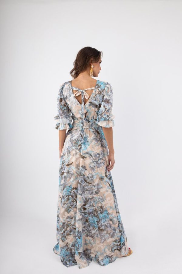 Γυναικείο Κρουαζέ Maxi Φόρεμα Εκρού με Γαλάζιο και φλοράλ σχέδια - Image 2