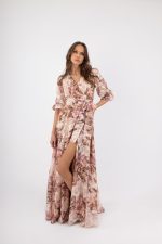 Γυναικείο Κρουαζέ Maxi Φόρεμα Εκρού με ροζ και φλοράλ σχέδια )