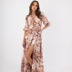 Γυναικείο Κρουαζέ Maxi Φόρεμα Εκρού με ροζ και φλοράλ σχέδια )