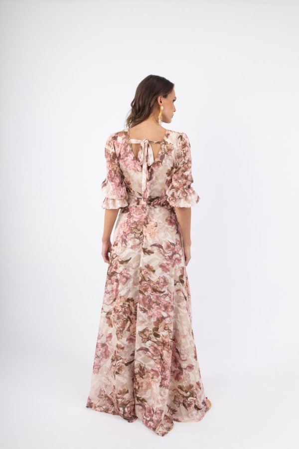 Γυναικείο Κρουαζέ Maxi Φόρεμα Εκρού με ροζ και φλοράλ σχέδια ) - Image 3