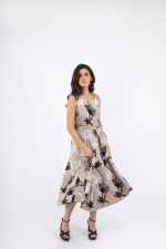 Γυναικείο Μπεζ Midi Φόρεμα Εμπριμέ με Φλοράλ ΣχέδΖώνη Μέσης - Image 2