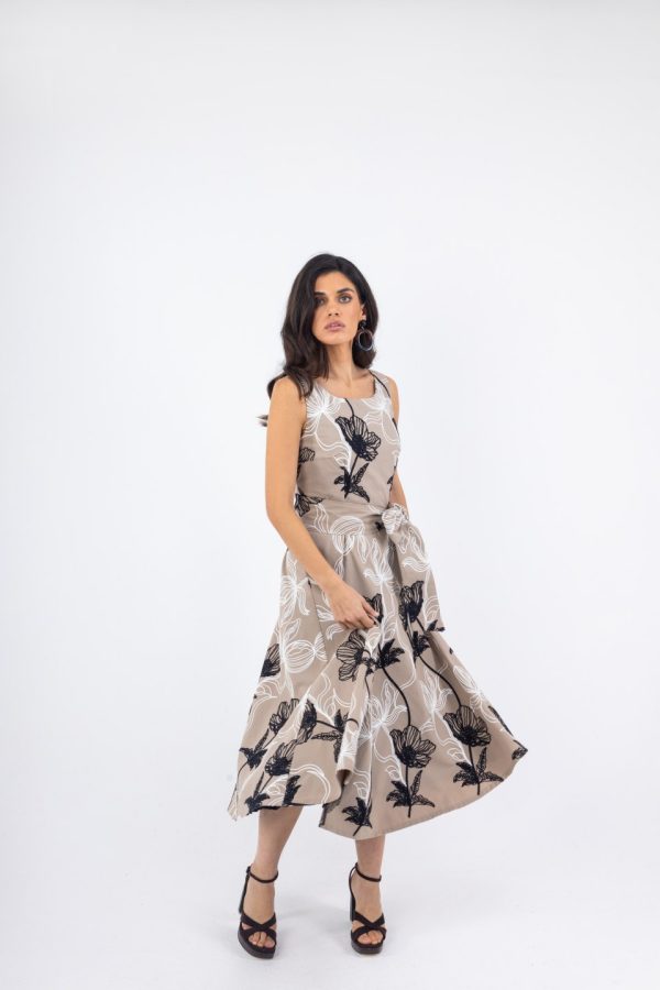 Γυναικείο Μπεζ Midi Φόρεμα Εμπριμέ με Φλοράλ ΣχέδΖώνη Μέσης - Image 2