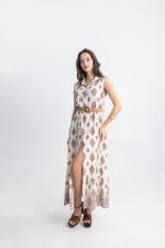 Maxi Φόρεμα με Μπεζ Σχέδια και Ζώνη σε Εκρού Βάση - Image 2