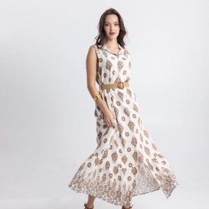 Maxi Φόρεμα με Μπεζ Σχέδια και Ζώνη σε Εκρού Βάση