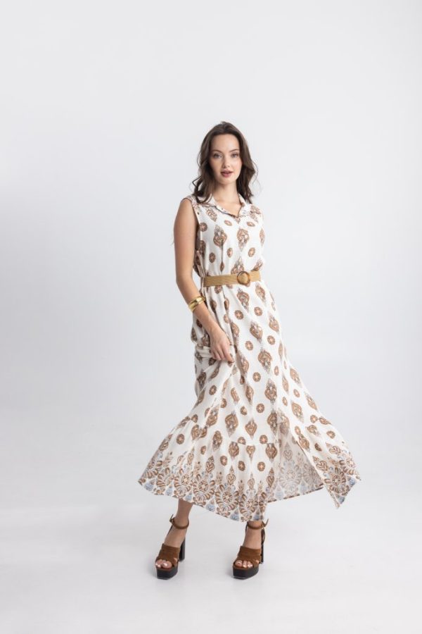 Maxi Φόρεμα με Μπεζ Σχέδια και Ζώνη σε Εκρού Βάση - Image 1