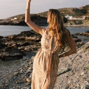 Midi Φόρεμα Μπεζ με Κέντημα Λουλουδιών & Ζώνη