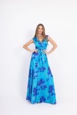 Maxi Φόρεμα Floral σε Γαλάζιες Αποχρώσεις με Κρουαζέ Ντεκολτέ - Image 3