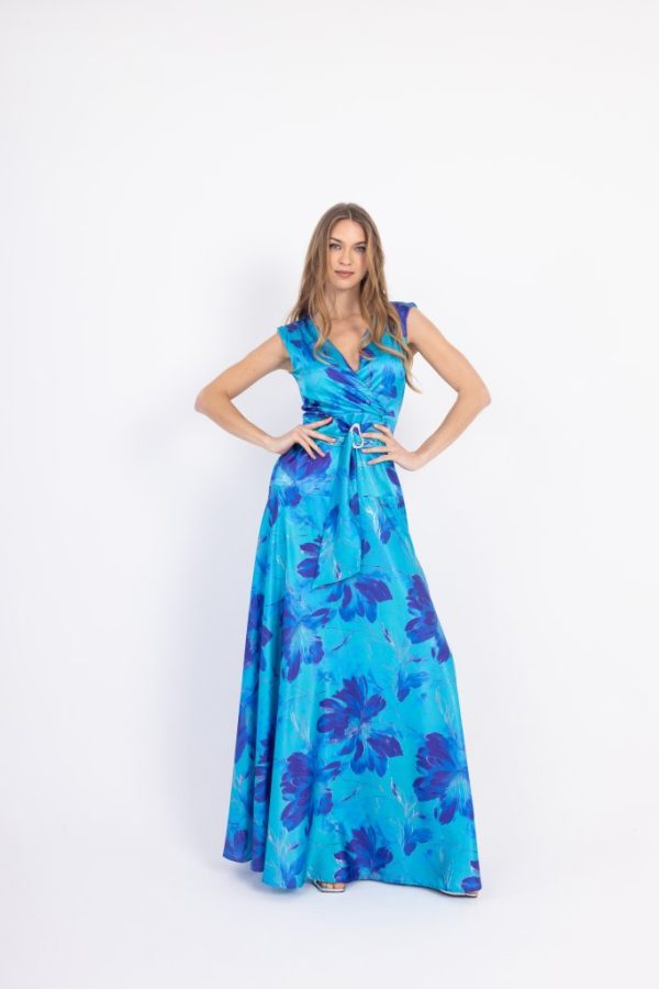 Maxi Φόρεμα Floral σε Γαλάζιες Αποχρώσεις με Κρουαζέ Ντεκολτέ - Image 3