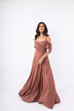 Γυναικείο Maxi Φόρεμα Τερακότα με Glitter, Λεπτές Τιράντες & Off Shoulder Σχέδιο