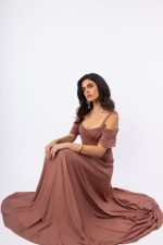 Γυναικείο Maxi Φόρεμα Τερακότα με Glitter, Λεπτές Τιράντες & Off Shoulder Σχέδιο - Image 3