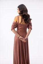 Γυναικείο Maxi Φόρεμα Τερακότα με Glitter, Λεπτές Τιράντες & Off Shoulder Σχέδιο - Image 2