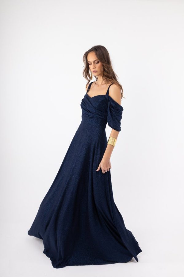 Γυναικείο Maxi Φόρεμα μπλε σκούρο  με Glitter, Λεπτές Τιράντες ; Off Shoulder Σχέδιο (Αντιγραφή) - Image 1