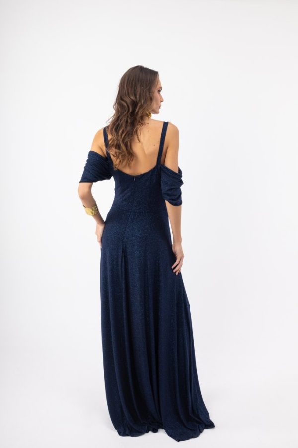 Γυναικείο Maxi Φόρεμα μπλε σκούρο  με Glitter, Λεπτές Τιράντες ; Off Shoulder Σχέδιο (Αντιγραφή) - Image 2