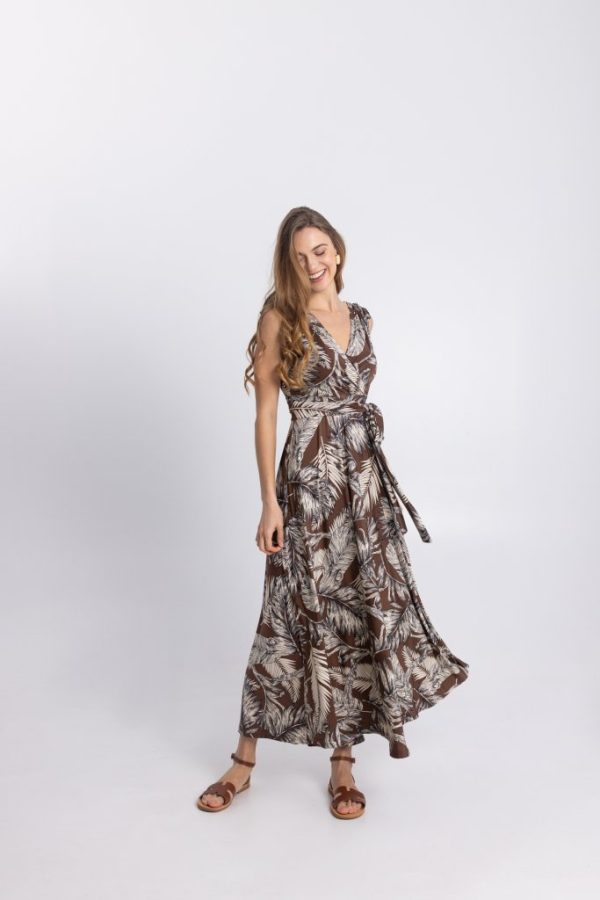 Maxi Φόρεμα με Tropical Print σε Καφέ Τόνους & Ζώνη - Image 1