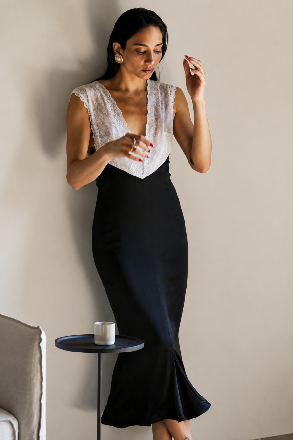 NAIA SILK MIDI DRESS BLACK - Image 1