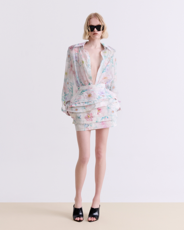 PASTEL FLORAL DENIM MINI SKIRT - Image 1