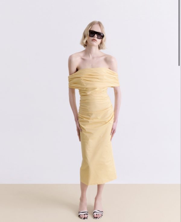 BUTTER YELLOW DRAPED MIDI DRESS - Image 2