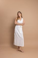 Εκρού Midi Φόρεμα με Ζώνη & Χρυσές Διακριτικές Λεπτομέρειες
