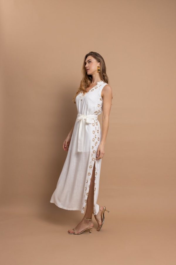 Εκρού Midi Φόρεμα με Ζώνη & Χρυσές Διακριτικές Λεπτομέρειες - Image 2