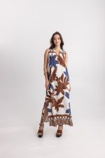 Midi Αμάνικο Φόρεμα με Καφέ Tropical Print σε Εκρού Βάση