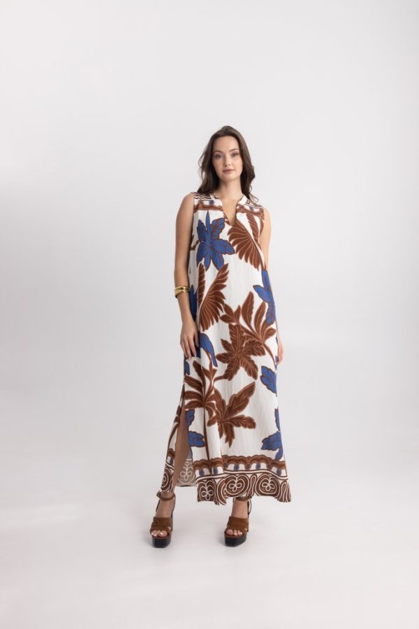 Midi Αμάνικο Φόρεμα με Καφέ Tropical Print σε Εκρού Βάση - Image 1