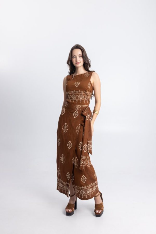 Σετ Τοπ και Φούστα με Ethnic Print σε Ταμπά Χρώμα - Image 3