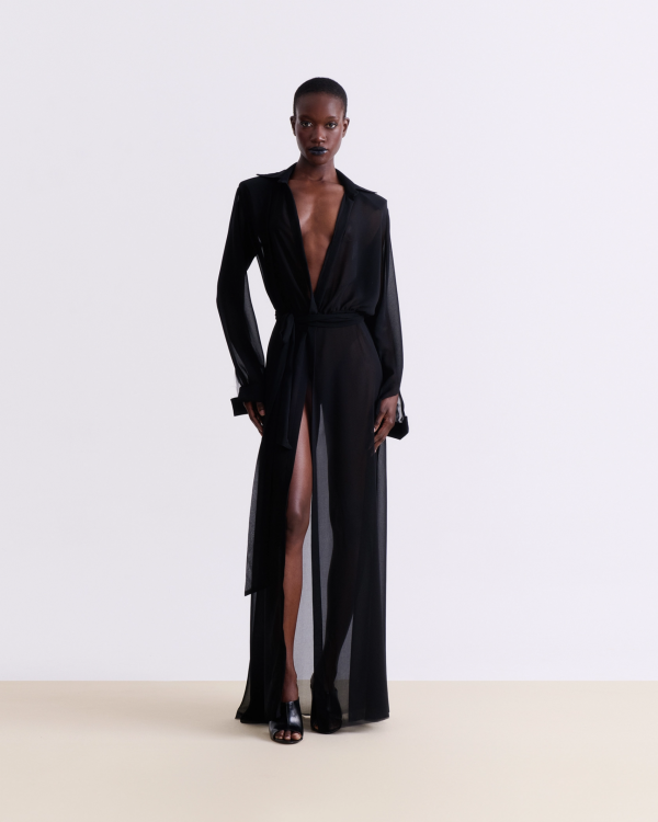 BLACK SILK SHEER MAXI DRESS - Image 1