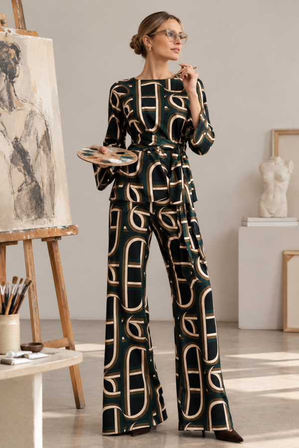 Κυπαρισσί Σετ με Geometric Print, Ζώνη και Καμπάνα Γραμμή - Image 1