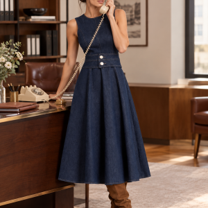 Denim midi φόρεμα με ζώνη