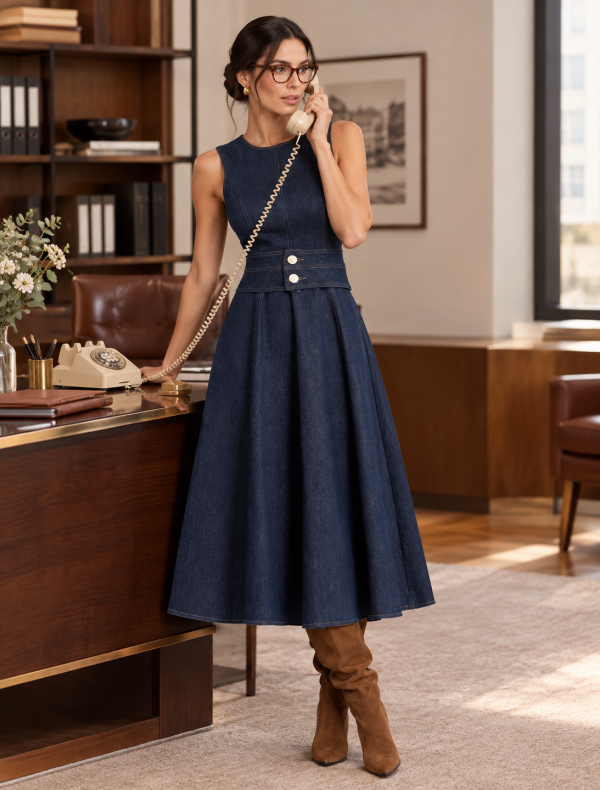 Denim midi φόρεμα με ζώνη - Image 1