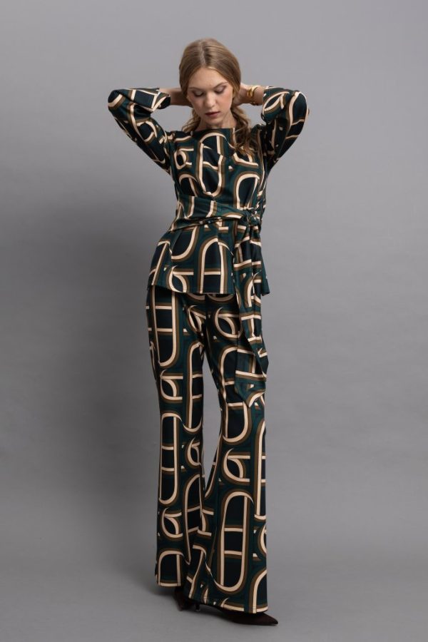 Κυπαρισσί Σετ με Geometric Print, Ζώνη και Καμπάνα Γραμμή - Image 3