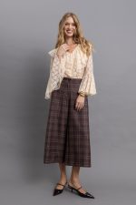 Καρό Παντελόνι-Culotte Καφέ-Μπορντό Wide Leg με Ψηλόμεση Γραμμή