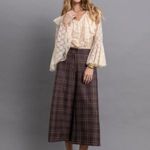 Καρό Παντελόνι-Culotte Καφέ-Μπορντό Wide Leg με Ψηλόμεση Γραμμή