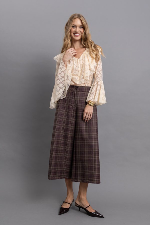 Καρό Παντελόνι-Culotte Καφέ-Μπορντό Wide Leg με Ψηλόμεση Γραμμή - Image 1