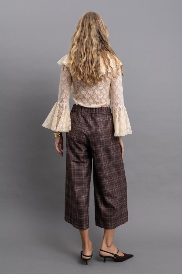 Καρό Παντελόνι-Culotte Καφέ-Μπορντό Wide Leg με Ψηλόμεση Γραμμή - Image 3